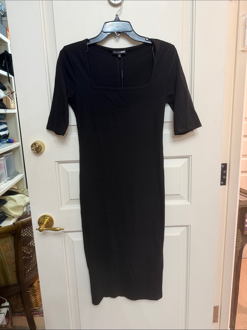 Fashion Nova Black Ribbed Square-Neck Midi Dress